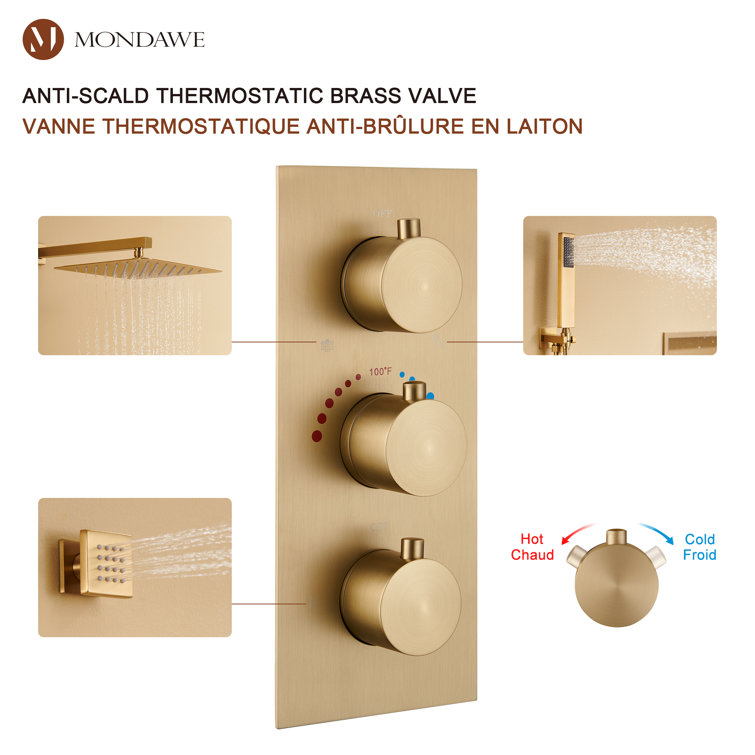 Brushed Gold Wall Mounted Rain Shower System with Handheld and Body Jets