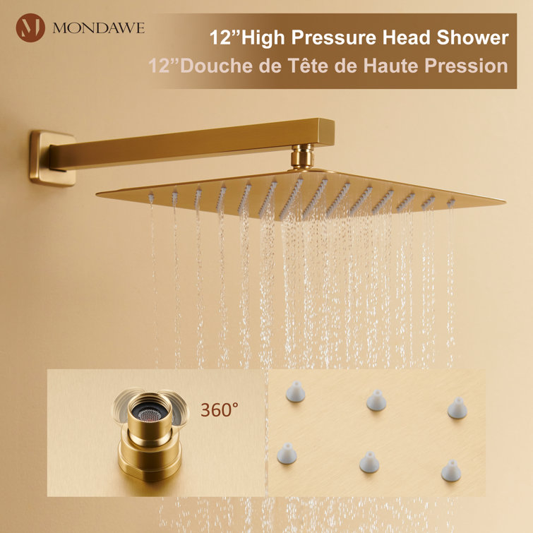Brushed Gold Wall Mounted Rain Shower System with Handheld and Body Jets