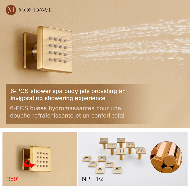 Brushed Gold Wall Mounted Rain Shower System with Handheld and Body Jets
