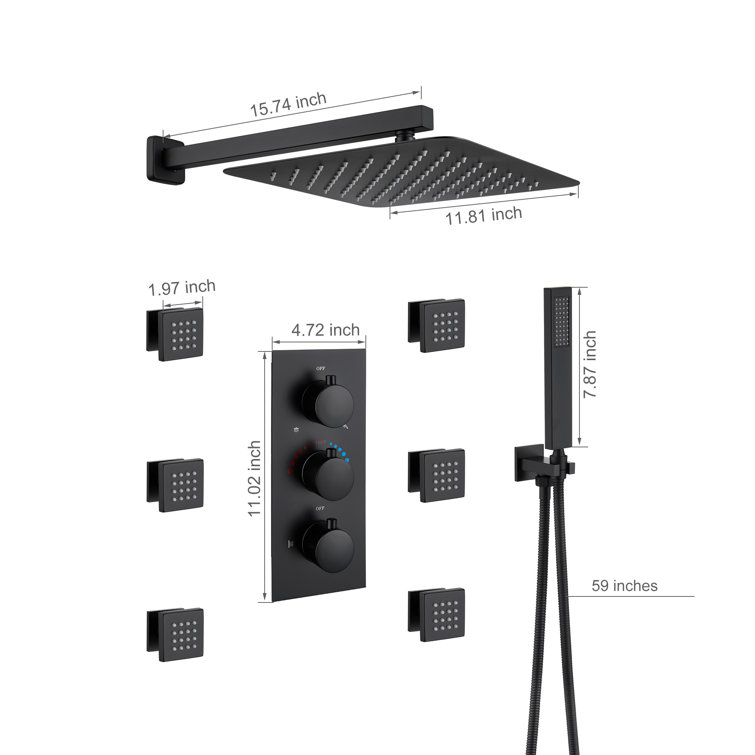 Matte Black Thermostatic Shower System with Handheld Spray and Body Jets