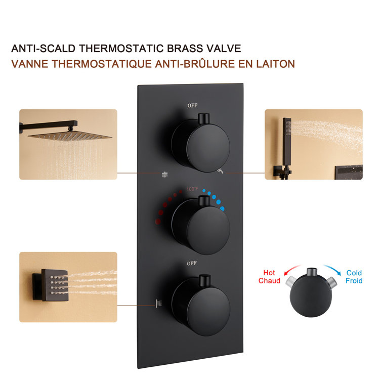 Matte Black Thermostatic Shower System with Handheld Spray and Body Jets