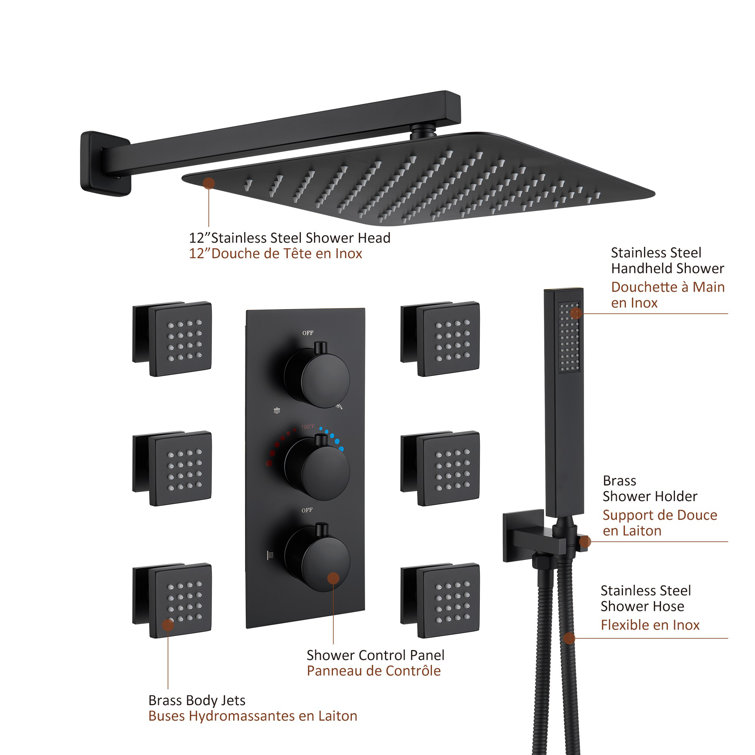 Matte Black Thermostatic Shower System with Handheld Spray and Body Jets