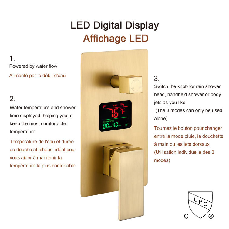 Brushed Gold Wall Mounted Dual Shower System with Digital Display