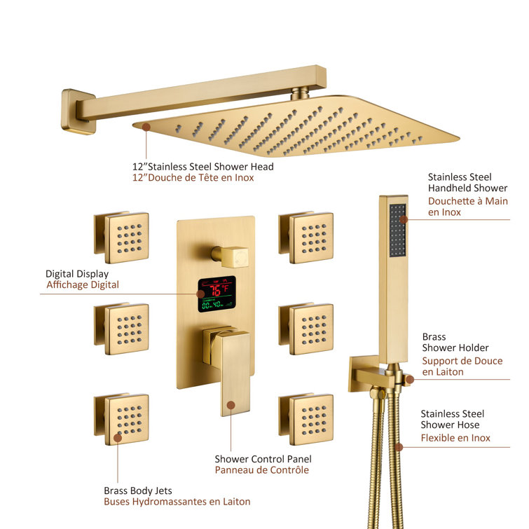 Brushed Gold Wall Mounted Dual Shower System with Digital Display