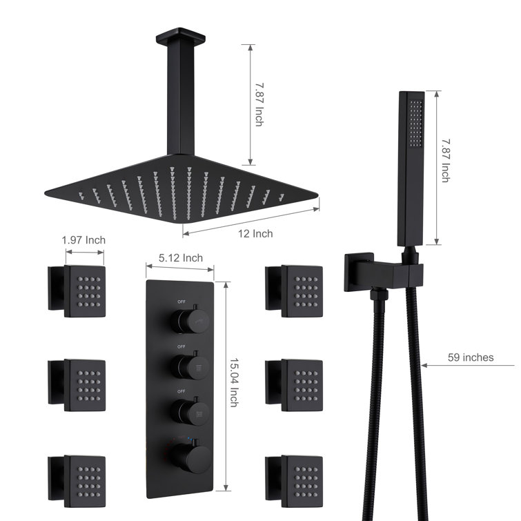 Matte Black Ceiling Mounted Shower System with Handheld and Body Jets