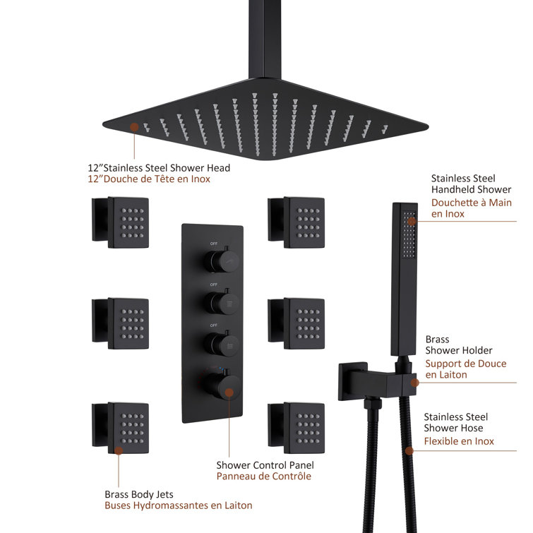 Matte Black Ceiling Mounted Shower System with Handheld and Body Jets