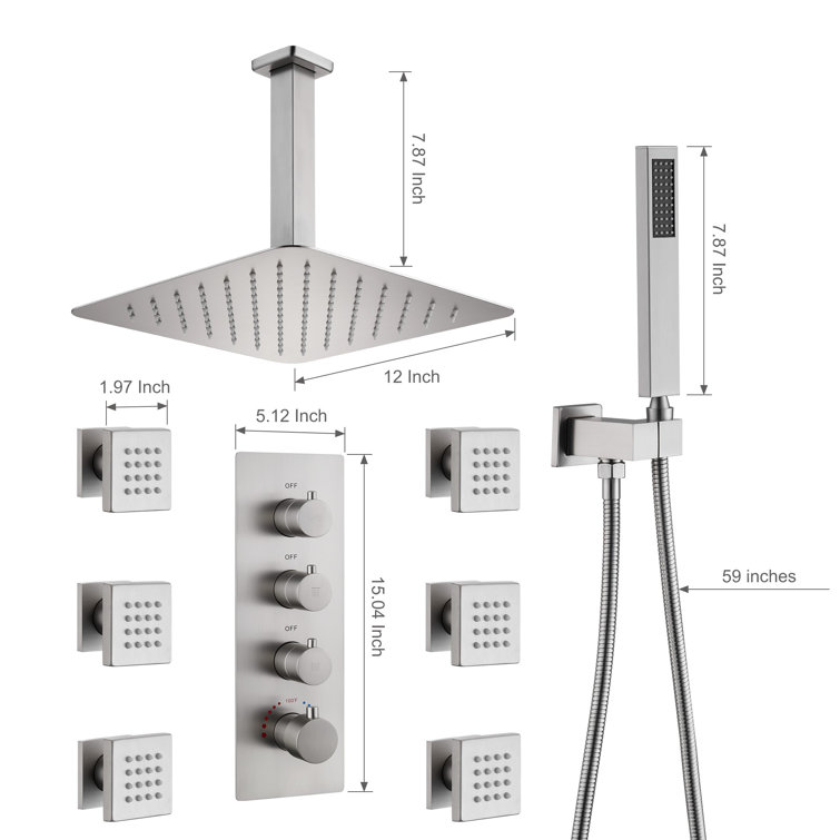 Brushed Nickel Ceiling Mounted Rain Shower System with Handheld and Body Jets