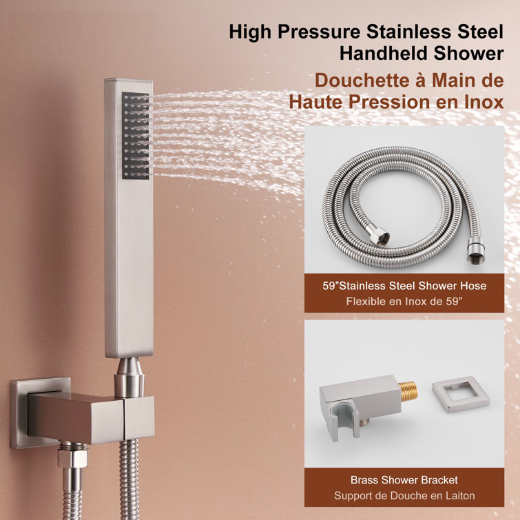 Brushed Nickel Ceiling Mounted Rain Shower System with Handheld and Body Jets