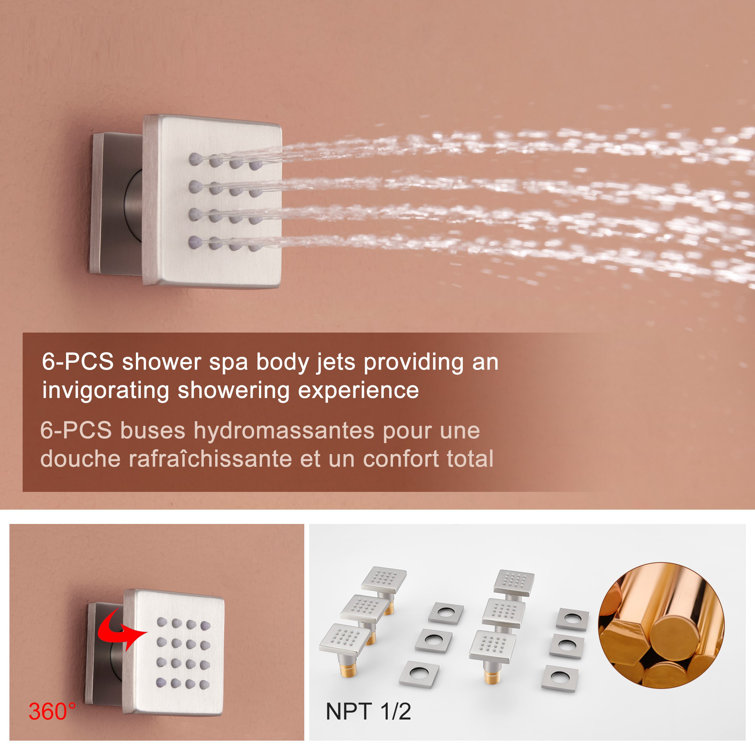 Brushed Nickel Ceiling Mounted Rain Shower System with Handheld and Body Jets