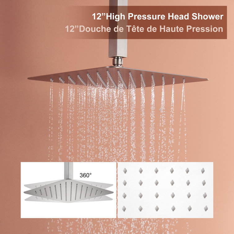 Brushed Nickel Ceiling Mounted Rain Shower System with Handheld and Body Jets