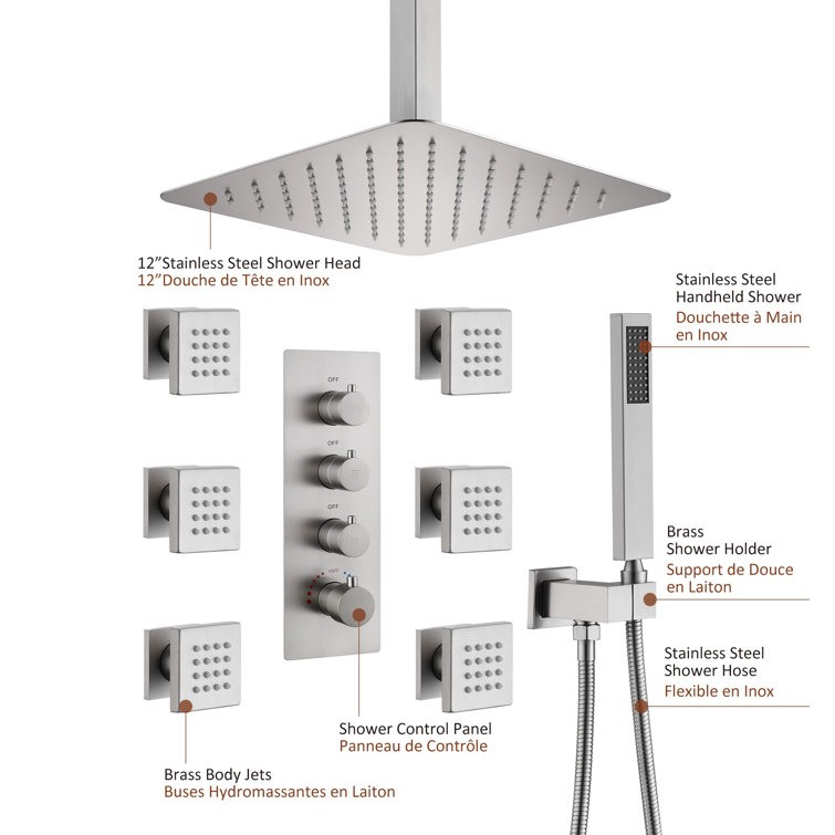 Brushed Nickel Ceiling Mounted Rain Shower System with Handheld and Body Jets