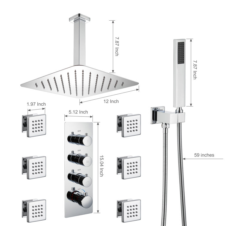 Chrome Ceiling Mounted Rain Shower System with Handheld and Body Jets