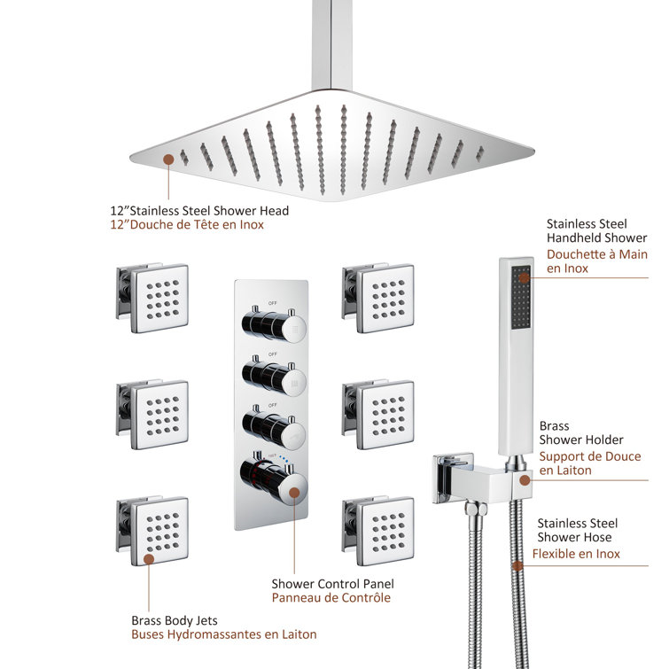 Chrome Ceiling Mounted Rain Shower System with Handheld and Body Jets