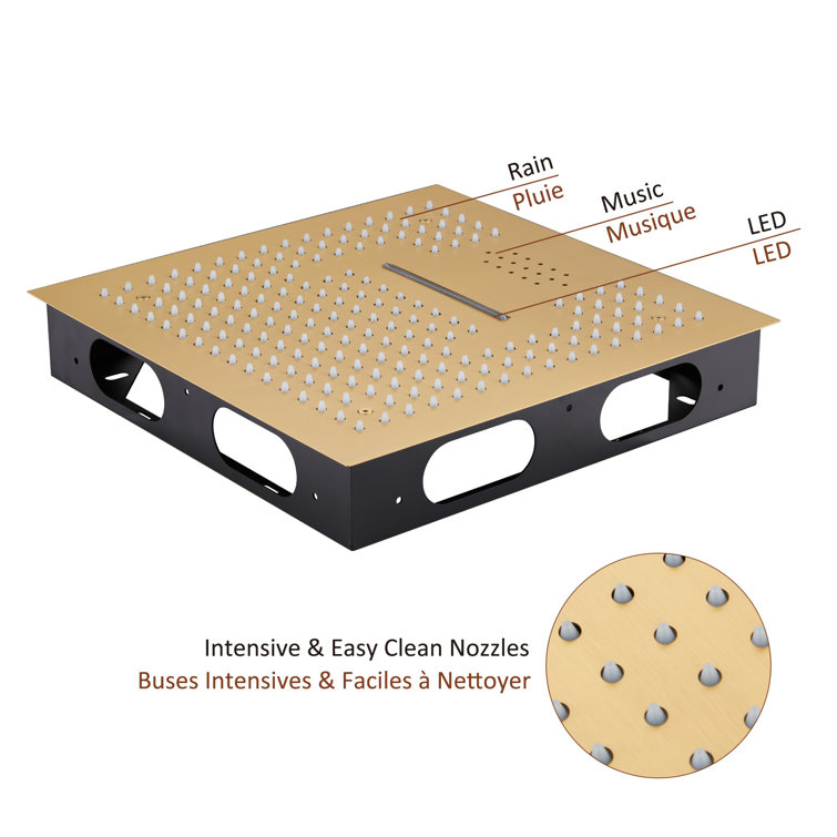 Brushed Gold LED Rain Shower System with Bluetooth Speaker