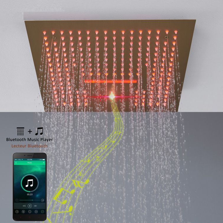 Brushed Gold LED Rain Shower System with Bluetooth Speaker