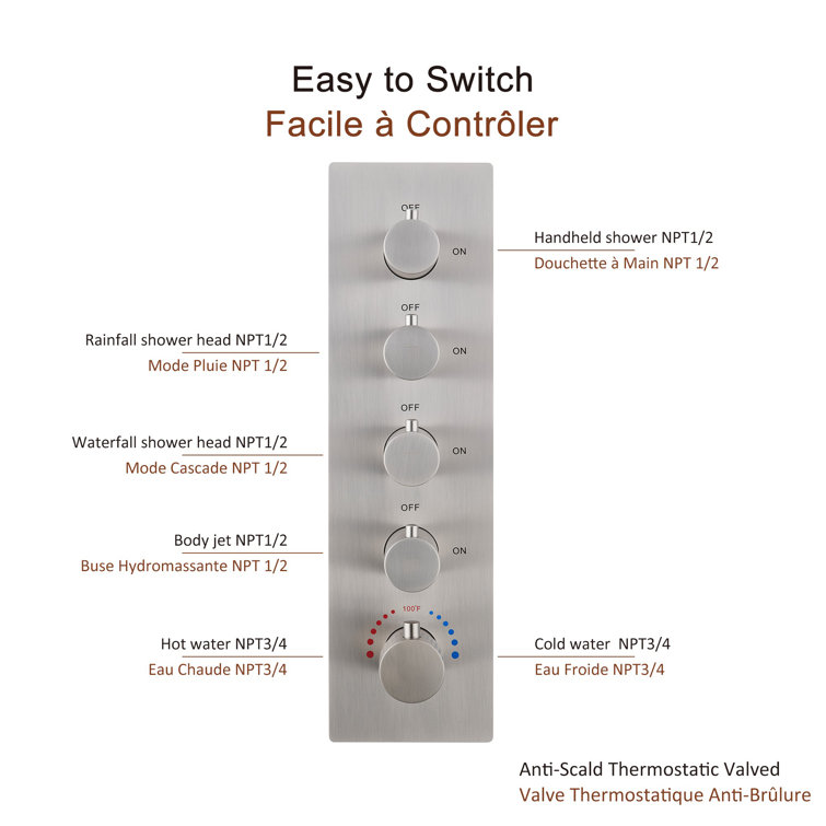 Luxury Brushed Nickel LED Multi-Head Shower System with Bluetooth