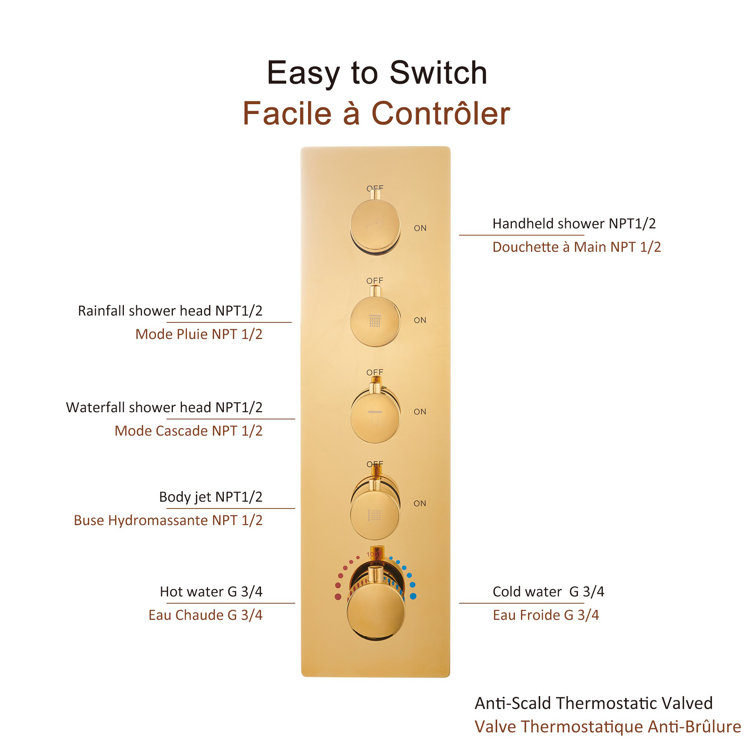 Luxury Gold Ceiling Mounted Dual Shower System with LED and Bluetooth Speaker