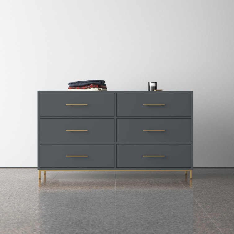 Slate Gray Mahogany 6-Drawer Dresser with Gold Accents