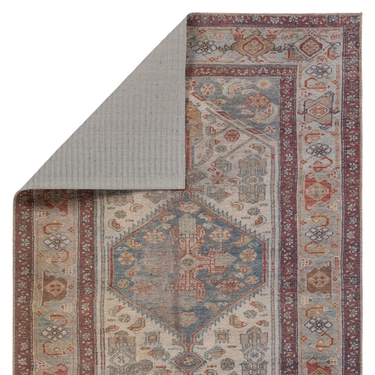 Blue and Beige Oriental Synthetic Runner Rug 2' x 6'
