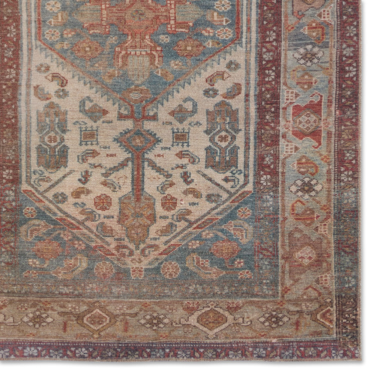 Blue and Beige Oriental Synthetic Runner Rug 2' x 6'