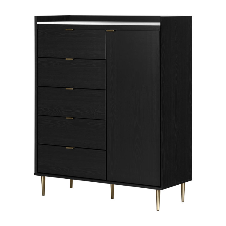 Black Oak and Faux Carrara Marble 5-Drawer Glam Dresser