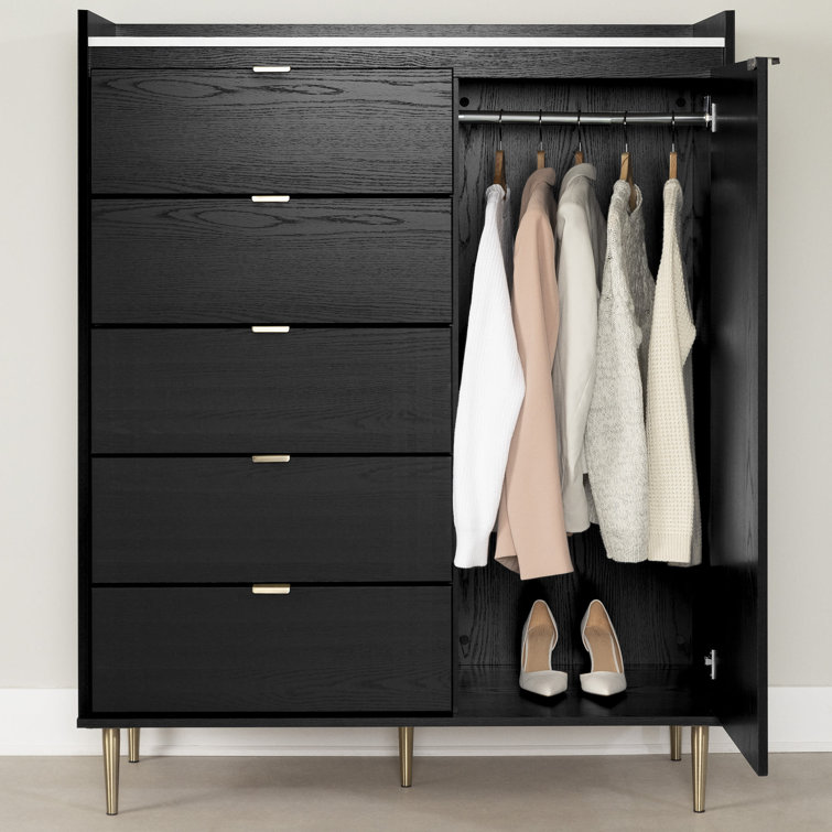 Black Oak and Faux Carrara Marble 5-Drawer Glam Dresser