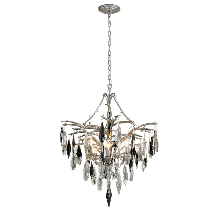 Elegant Blackened Silver Leaf 6-Light Crystal Chandelier with Smoke Glass Shades