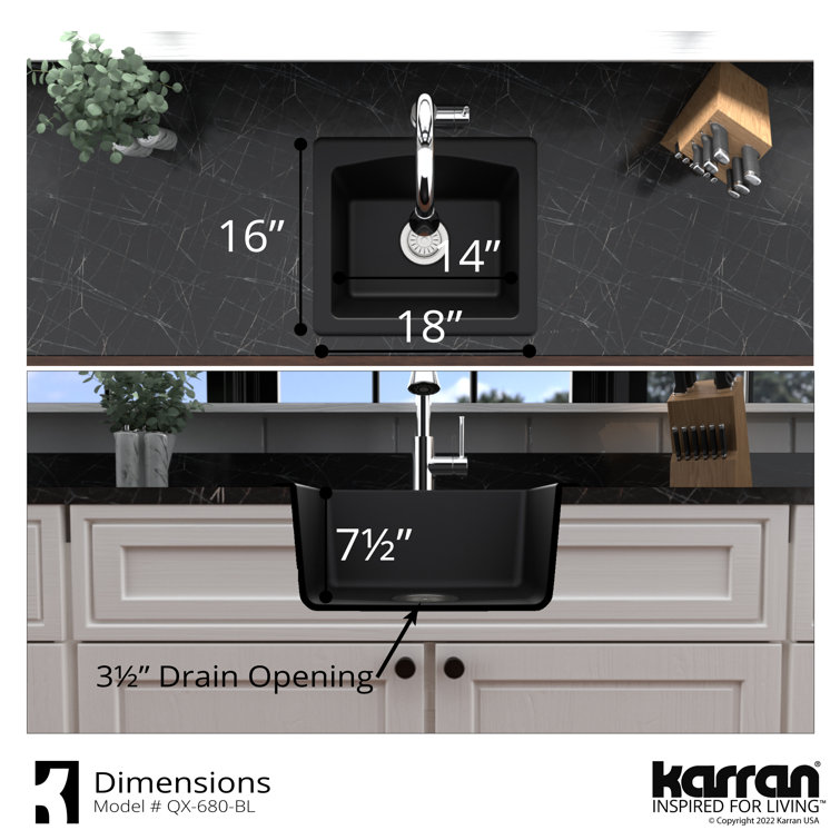 Black Quartz Composite 18'' Single Bowl Dual Mount Kitchen Sink