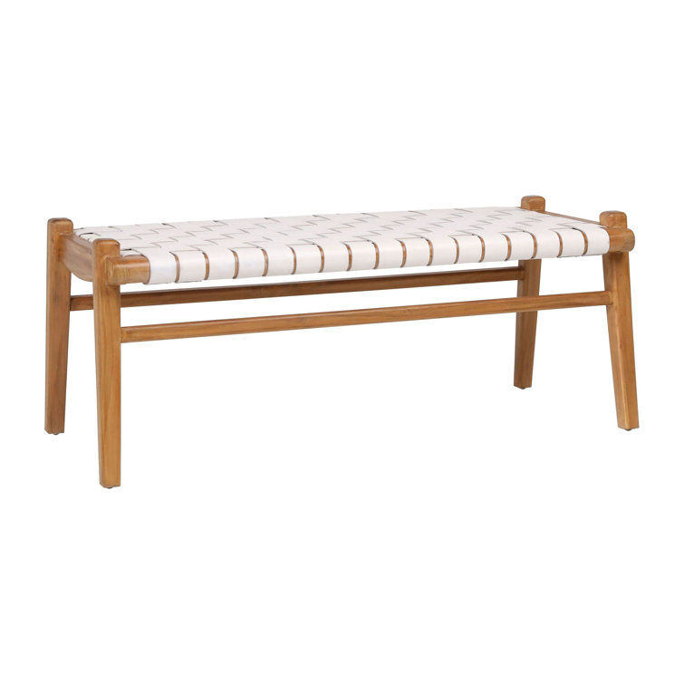 White Leather and Teak Wood Woven Bench