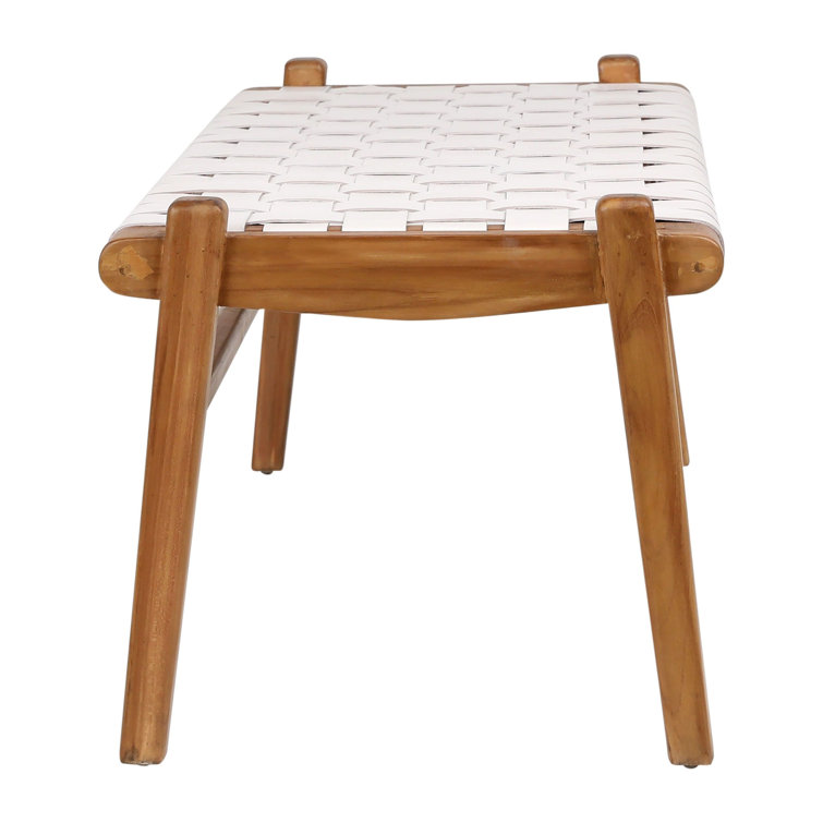White Leather and Teak Wood Woven Bench
