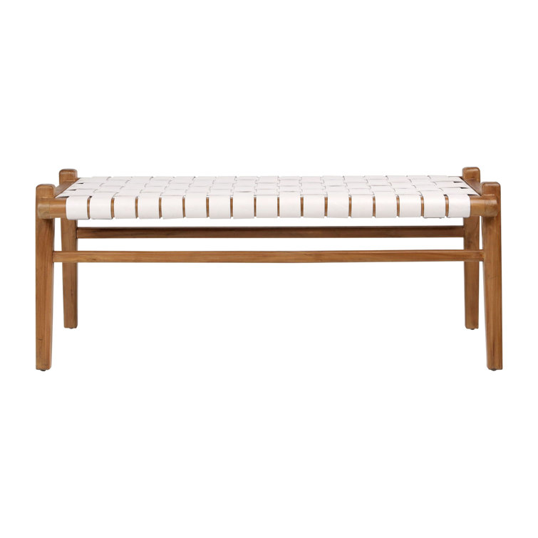 White Leather and Teak Wood Woven Bench