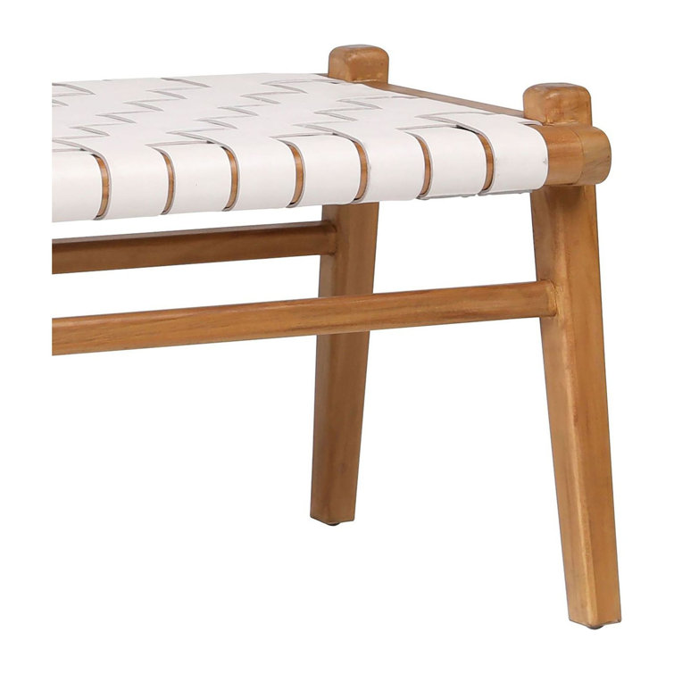 White Leather and Teak Wood Woven Bench