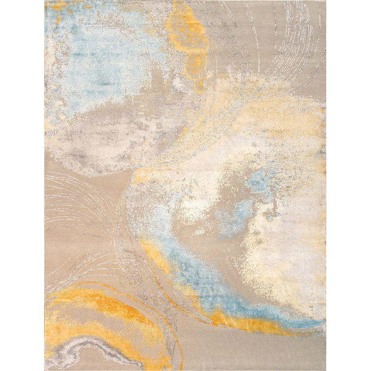 Hand-Knotted Gray Abstract Wool and Silk Rectangular Rug