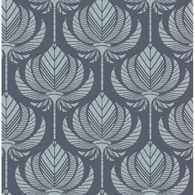 Navy and Gray Lotus Fan Removable Wallpaper Roll