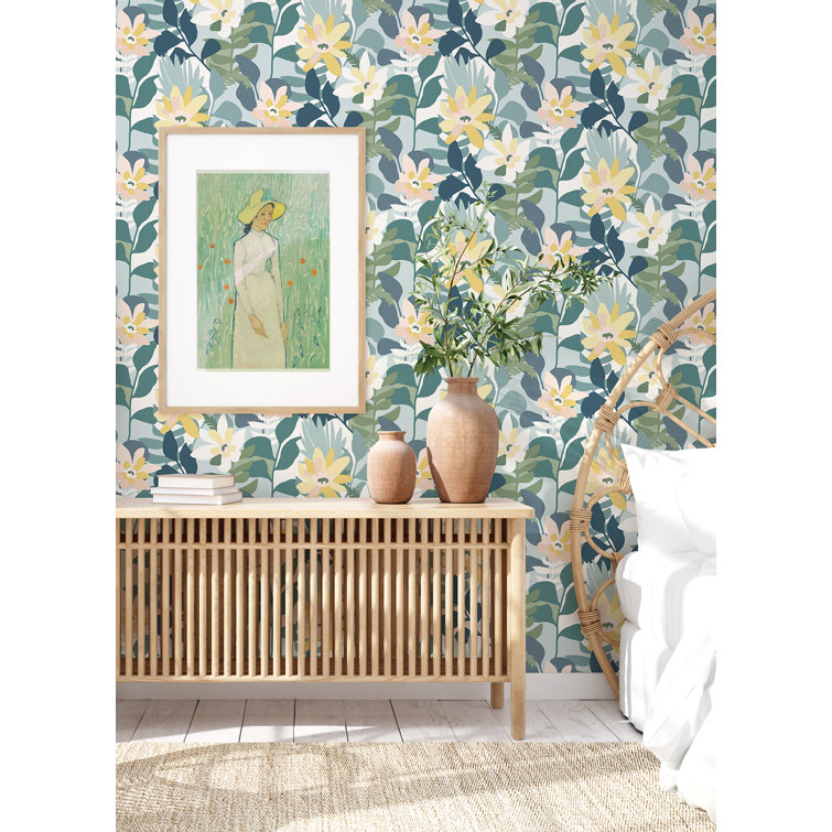 Turquoise Floral Non-Woven Removable Wallpaper Roll