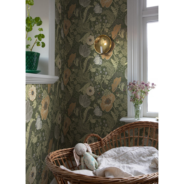 Green and Light Brown Floral Removable Wallpaper Roll