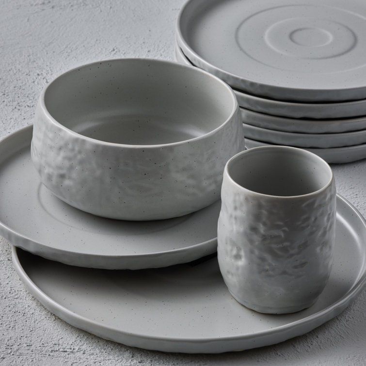 Gray and White Ceramic 16-Piece Textured Dinnerware Set