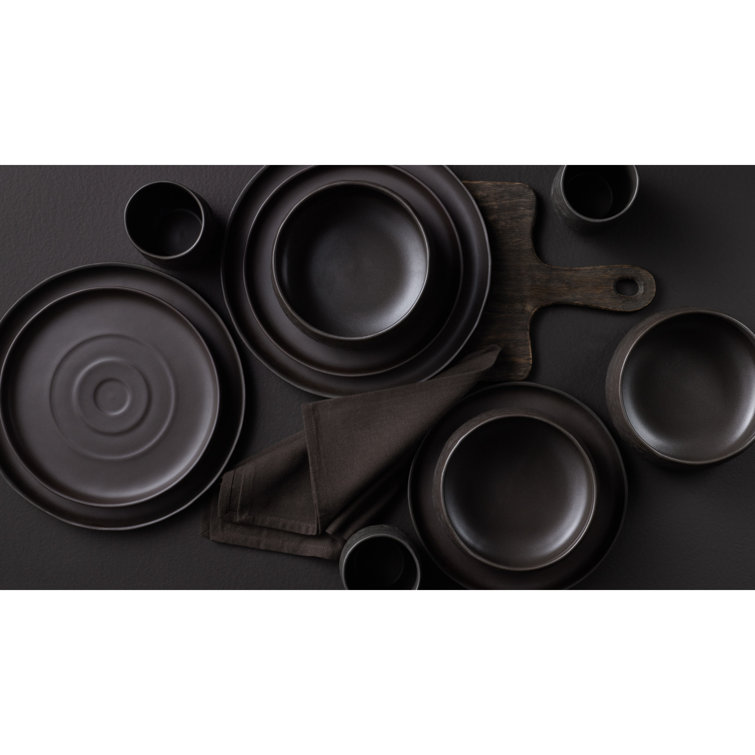 Black Ceramic 16-Piece Stoneware Dinnerware Set, Service for 8