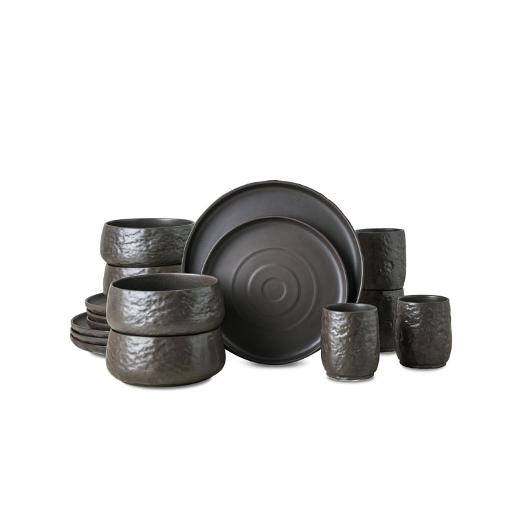 Black Ceramic 16-Piece Stoneware Dinnerware Set, Service for 8