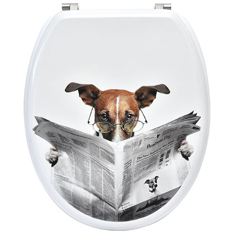 White MDF Elongated Toilet Seat with Jack Russell Design