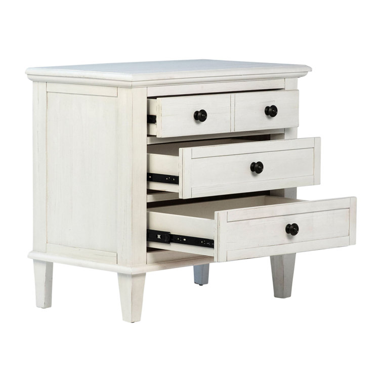 Whitewash Acacia Wood 3-Drawer Nightstand with Metal Knobs