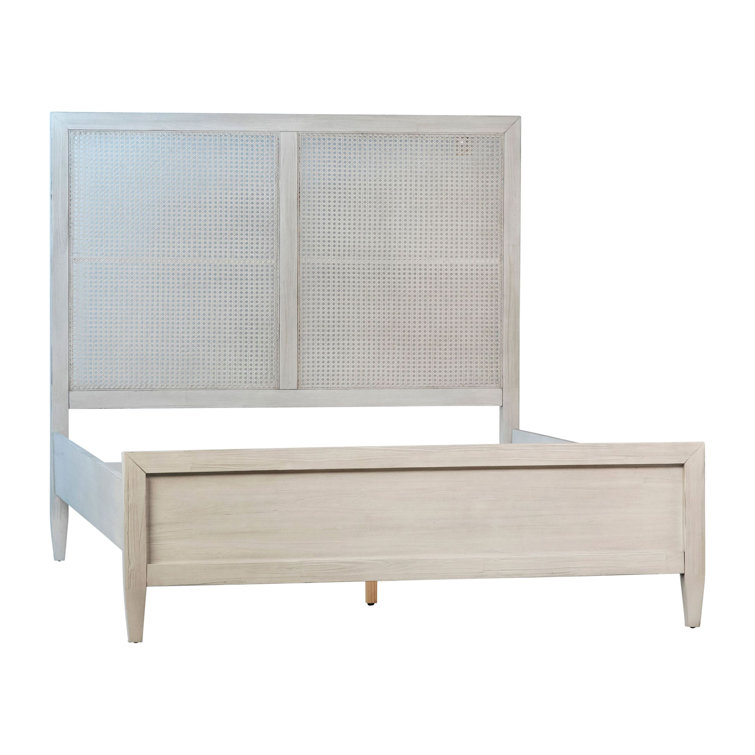 Antique Whitewash Queen Wood Panel Bed with Rattan Headboard