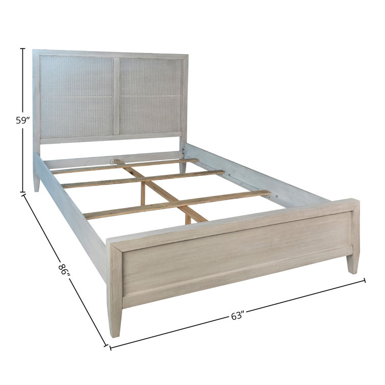 Antique Whitewash Queen Wood Panel Bed with Rattan Headboard