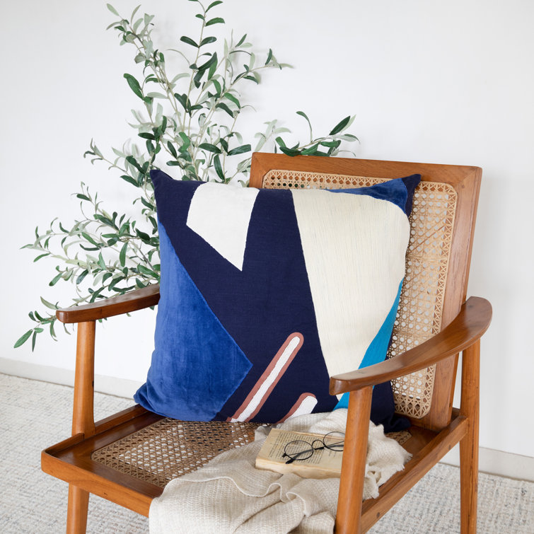 Blue and Multicolor Cotton Embroidered Square Throw Pillow