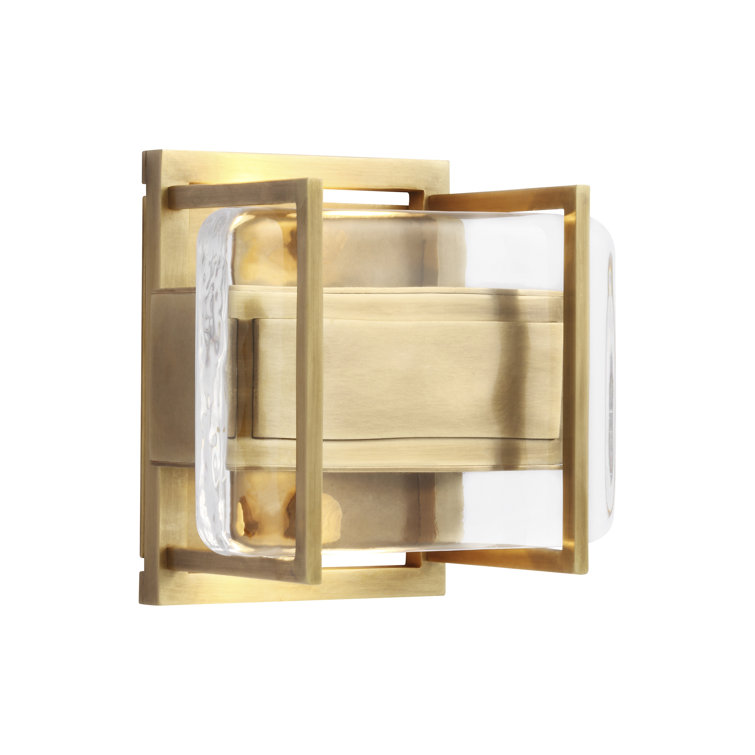 Natural Brass Dimmable LED Sconce with Pressed Glass Shade