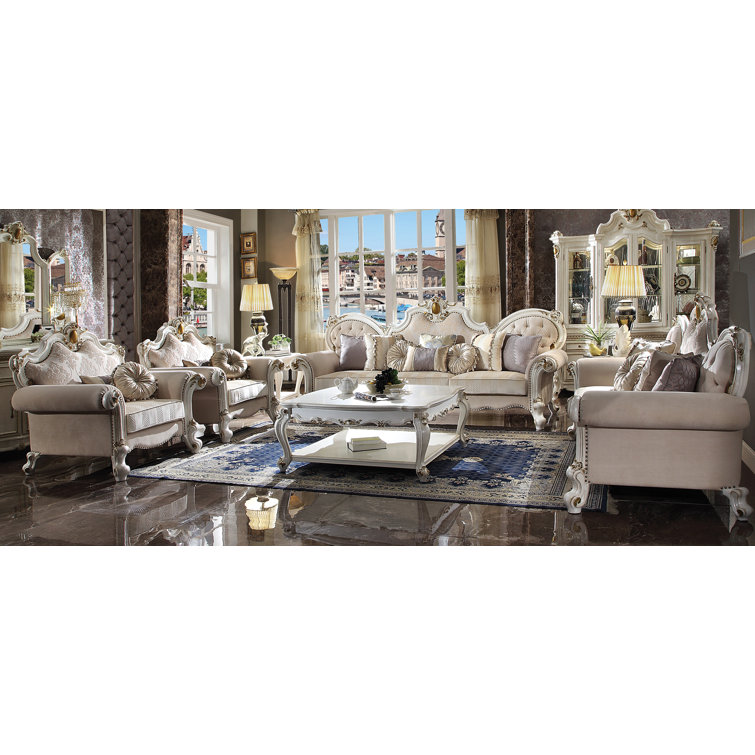 110" Antique Pearl Floral Tufted Microfiber Sofa