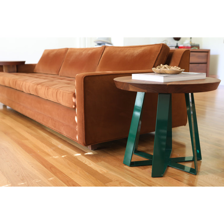 Oak and Red Round Pedestal End Table with Metal Base