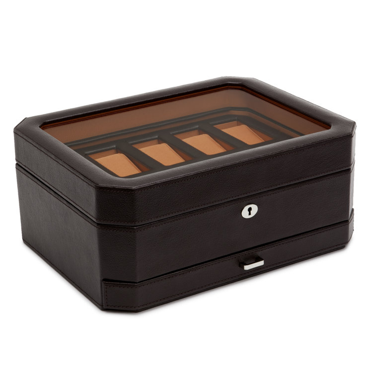 Windsor Black Faux Leather 10-Compartment Watch Box with Locking Drawer