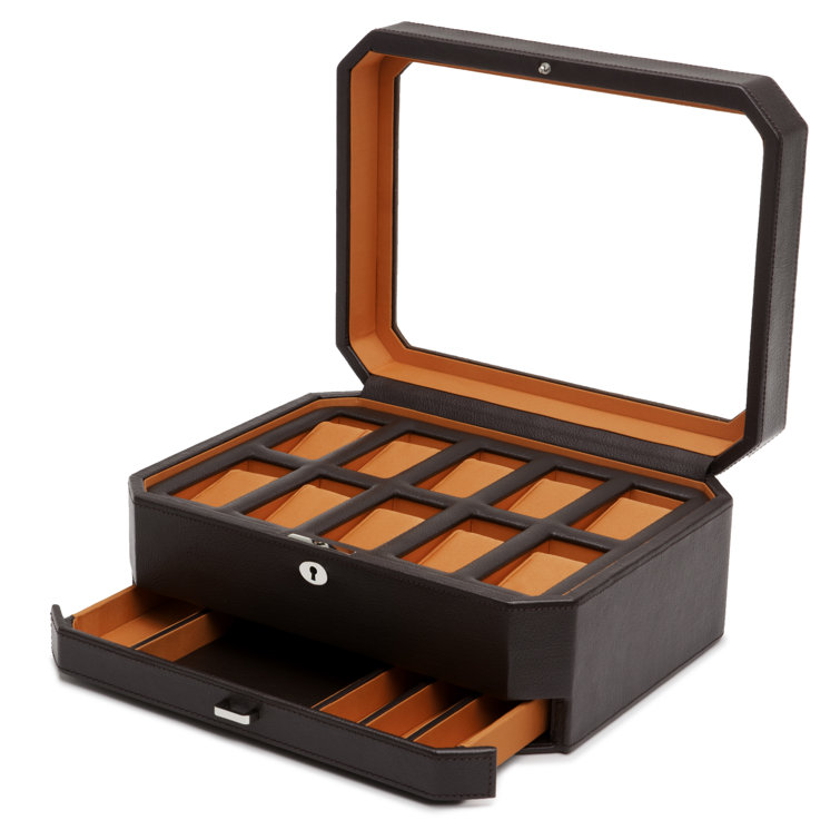 Windsor Black Faux Leather 10-Compartment Watch Box with Locking Drawer