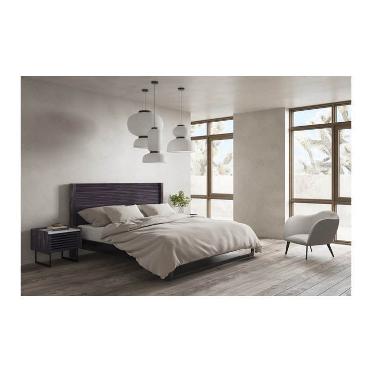 Contemporary Gray Pine King Platform Bed with Upholstered Headboard